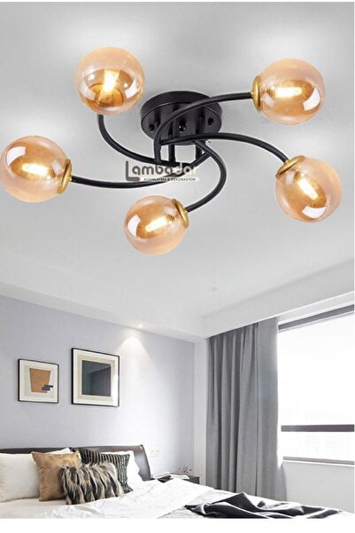 Lambadar Luxury Model Plafonyer Beşli Siyah Modern Bal Camlı Avize