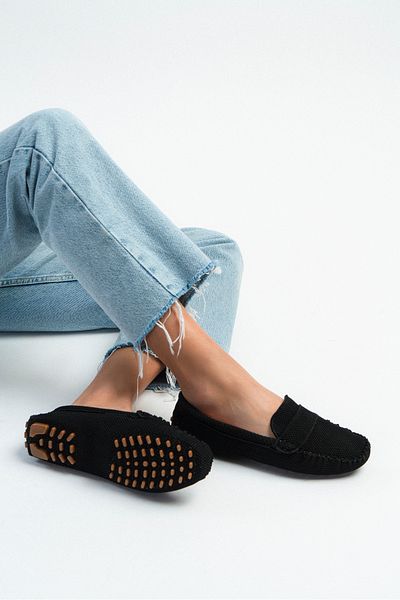 NİŞANTAŞI SHOES Astoria Чорний трикотажний шкіряний бабет з плоским дном жіночий