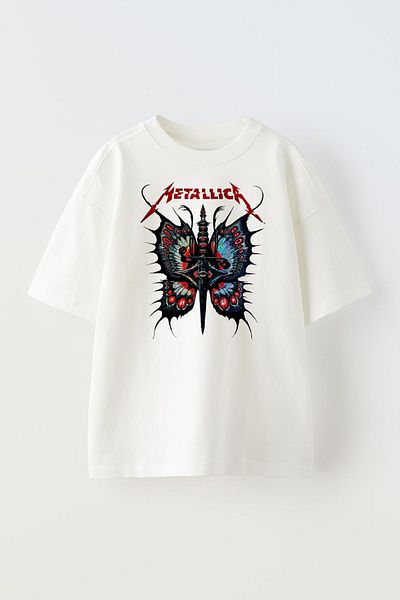 NMG TEKSTİL Tricou alb oversize din bumbac - Imprimat cu chitara Butterfly Metallica