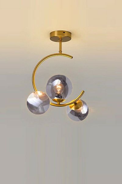 Lambadar Crescent C Model Modern Sports Globe Smoked Glass Gold Triple Plafonier Chandelier