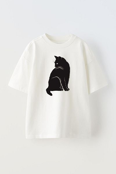 NMG TEKSTİL Λευκό Oversize Βαμβακερό T-shirt - Cat Printed, Unisex