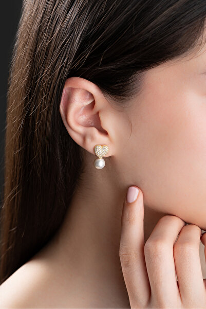 Nereze 925 Ayar Gümüş Gold Kaplama İncili Kalp Küpe