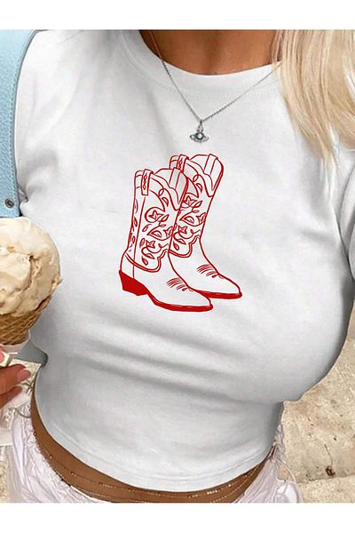 Jose Clothing Λευκή στάμπα Γυναικεία Crop Μπλούζα - Κοντό μανίκι