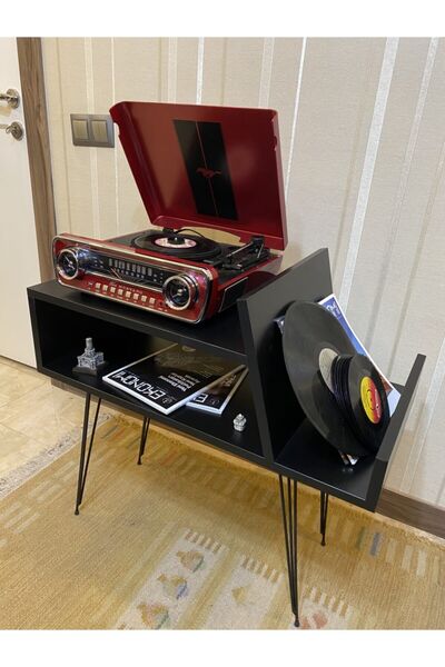 Lernan Group Retro Plak Ve Pikap Sehpası Siyah Renk Siyah Ayak