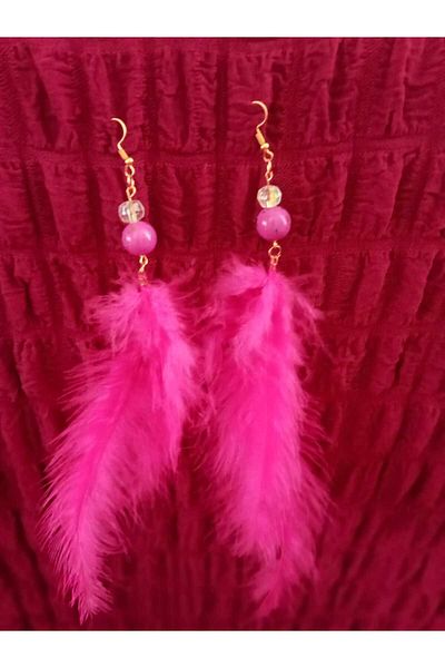 Meralin Elinden Pink Ball Stones Pink Feather Earring