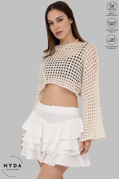Nyda Collections Fusta mini cu volane albe țesătură înfășurată în straturi Talie elastică Necăptușită Confortabil Zilnic Femei
