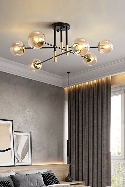 Lambadar Modern Bal Glop Camlı Çapraz Model Altılı Siyah Avize