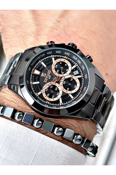 Reward Black Men's Wristwatch and Bracelet Gift - Steel Cord
