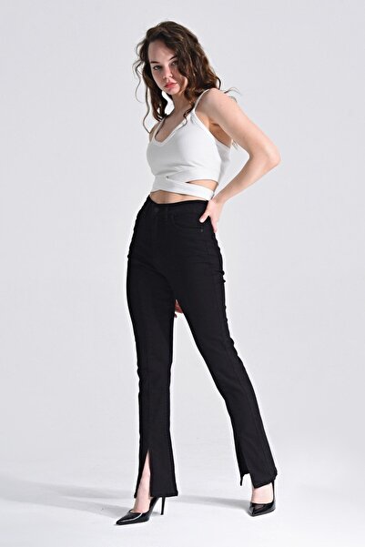 SHEVEGA Black Lycra High Waist Flare Jeans with Slit Legs