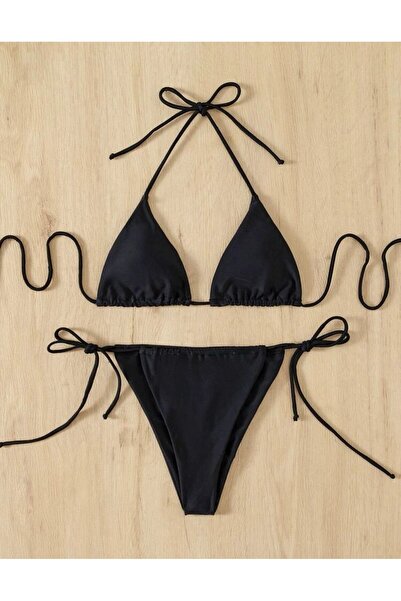 Genel Markalar siyah  renk  üst üçgen yüksek bel arkası ayarlanabilir  alt model brezilyan kadın bikini takımı mayo