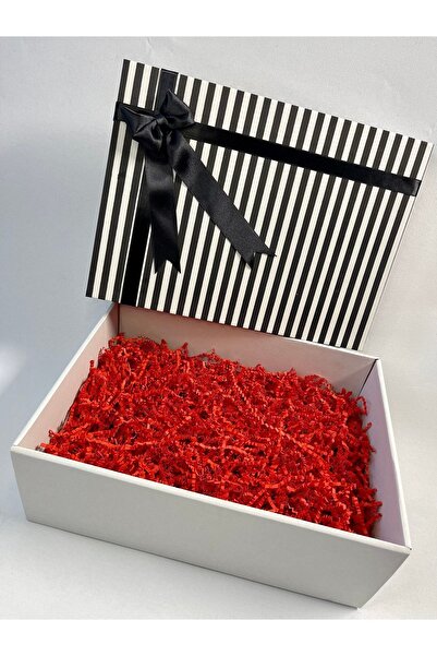 AURAGIFTT Siyah Fiyonklu Siyah Beyaz Çizgili Renk Kırmızı Kırpıklı Boş Kutu 2...