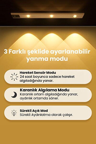 Technojet 3 Ledli Akıllı Hareket Sensörlü Usbli 3 Işık Modlu Lamba Dolap Mutfak Işığı