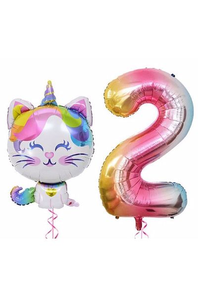 Parti Station Unicorn Cat 2 Year Old Balloon Set Colorful Number Balloon Foil Set Concept Birthday Set Age Balloon