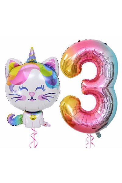 Parti Station Unicorn Cat 3 Year Old Balloon Set Colorful Number Balloon Foil Set Concept Birthday Set Age Balloon