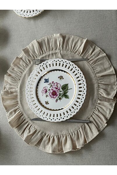 Diseno 6'lı Yuvarlak Vintage Organik Keten Amerikan Servis