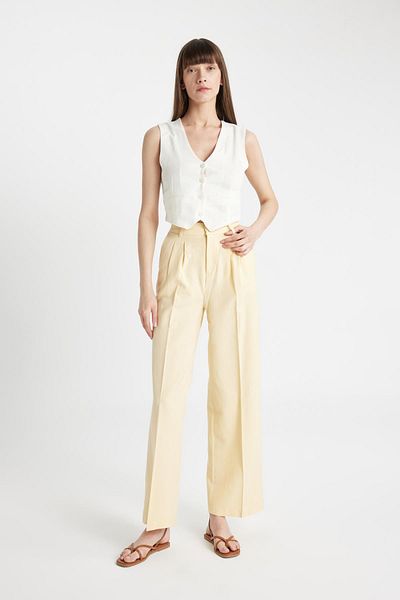 DeFacto Leinen-Mischhose mit hoher Taille – weites, lockeres Bein, Taschen und Falten
