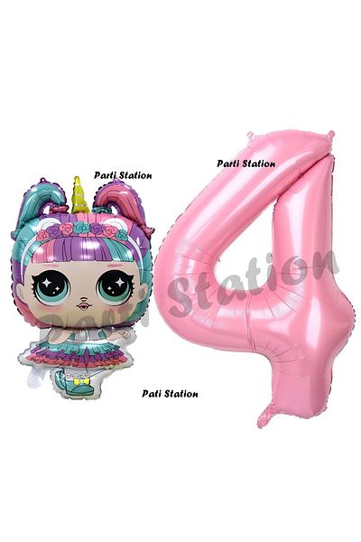 Parti Station Unicorn LOL 4 Year Old Baby Balloon and Pink Number Birthday Party Set