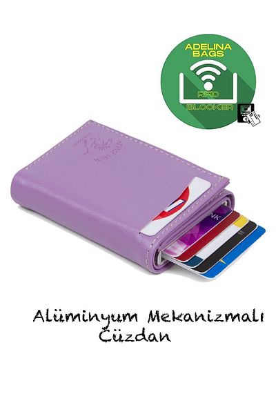 Newish Adelina Lila Nova Leather Mechanism Automatic Slide Card Holder Wallet