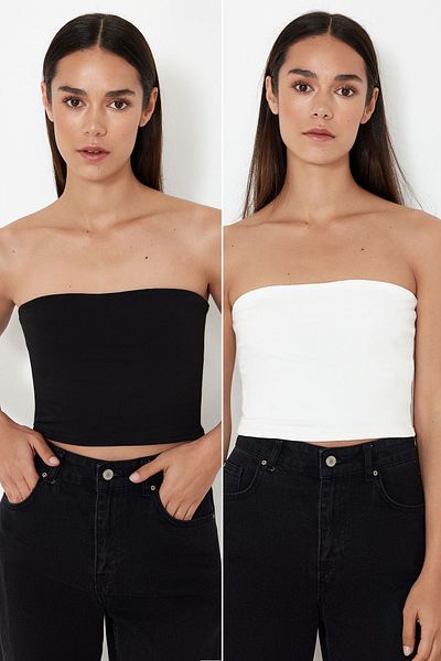 Trendyol Collection Fekete-Ecru 2 csomagos testhezálló, rugalmas kötött blúz TWOSS24BZ00600