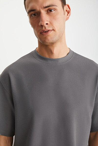 GRIMELANGE Franter Erkek 100% Pamuk Waffle Baskılı Gri T-shirt