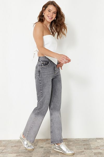 Trendyol Collection Gray More Sustainable Color Block High Waist Wide Leg Jeans TWOSS24JE00315