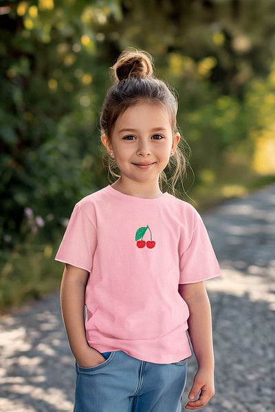 TRENDYOLKIDS Světle růžové třešňové dívčí tričko se vzorem – žebrovaná košilka, krátký rukáv TKDSS24TS00009