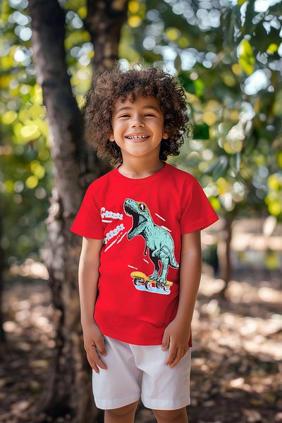 TRENDYOLKIDS Rotes Jungen-T-Shirt aus Baumwolle mit Dinosauriermuster TKDSS24TS00037