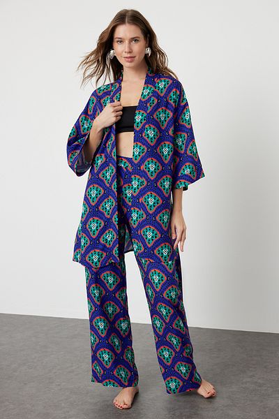 Trendyol Collection Geometric Pattern Belted Woven Kimono Pants Beach Suit Tbess24Au00072