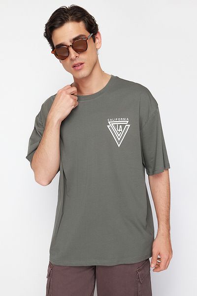 Trendyol Collection Khaki Oversize/Wide Cut Crew Neck City Printed 100% Cotton T-Shirt TMNSS20TS1102