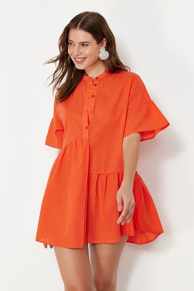 Trendyol Collection Wide Fit Orange Mini Beach Dress - Ruffle Woven TBESS20EL0873