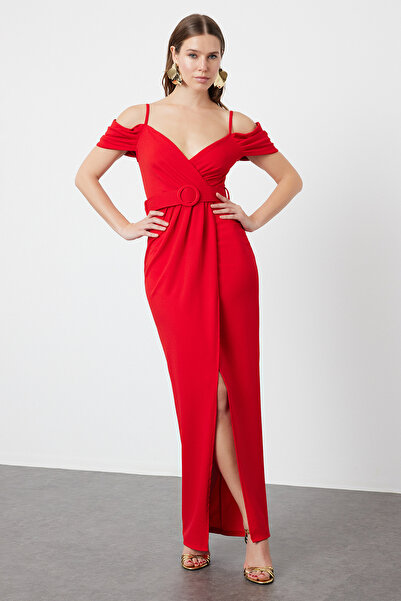 Trendyol Collection Long Red Belted Woven Evening Dress - TPRSS24AE00250