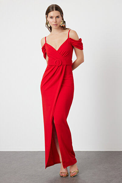 Trendyol Collection Long Red Belted Woven Evening Dress - TPRSS24AE00250