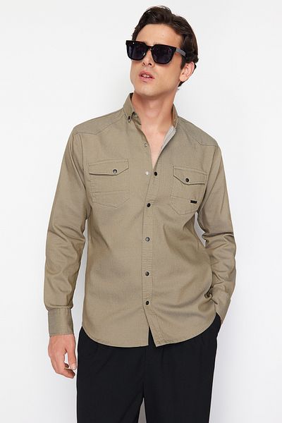 Trendyol Collection Τζιν τζιν πουκάμισο χακί χρώματος Snap - κανονική εφαρμογή TMNSS24GO00081