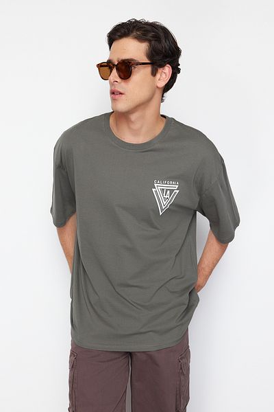 Trendyol Collection Khaki Oversize/Wide Cut Crew Neck City Printed 100% Cotton T-Shirt TMNSS20TS1102