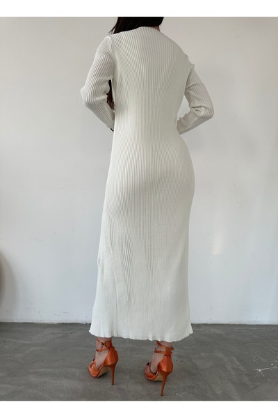 Edit by Trendyol Ecru V-nyakú vékony kötöttáru ruha - kardigán TWOSS24EL01098