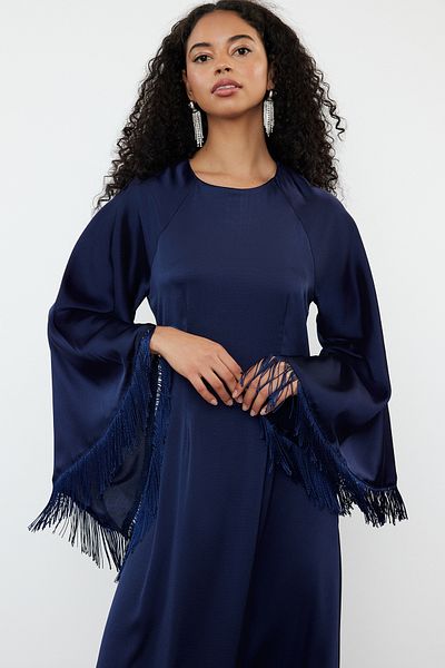 Trendyol Modest Tkané večerní šaty Jalabiya v námořnické modré barvě Otriş TCTSS24DB00053