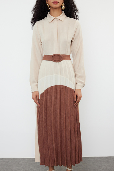 Trendyol Modest Φόρεμα υφαντό πουκάμισο - Μοτίβο σε καφέ μπλοκ TCTSS24EB00119