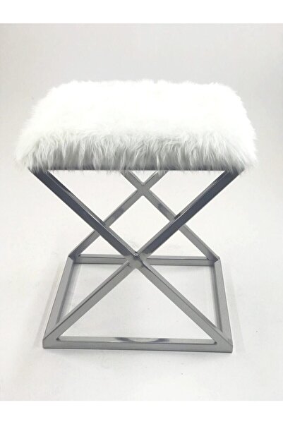 sandalyecafesi Sandalye Cafesi Gümüş Krom Ayaklı Beyaz Tüylü Peluş Puf Bl011