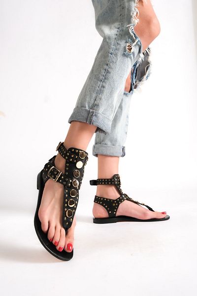 BODRUMLU SİNCE 1941 100% Genuine Leather Handmade Flat Women's Sandals Cleopatra Black Metal