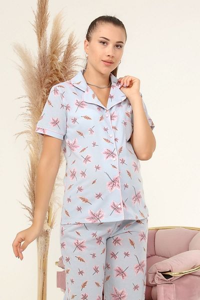 LadyMina Pijama Set de pijamale duble cu mâneci scurte cu frunze albastre pentru gravide și postpartum