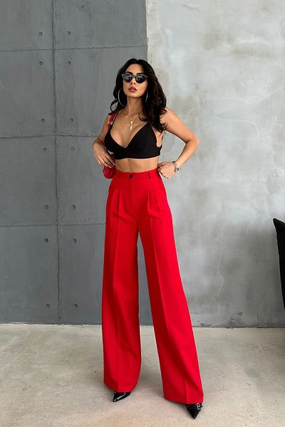 Ortaya Çık Red Pleated Fabric Palazzo Trousers