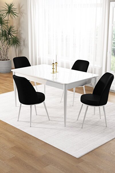 Canisa Pir Serisi, 80x130 Sabit Beyaz Yemek Masası Ve 4 Siyah Sandalye