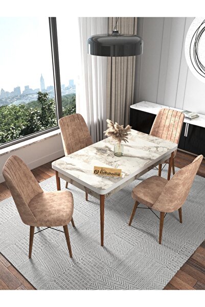 Kaffahome Riff 70x110 Efes Suntalem Sabit Yemek Masası , Yemek Masası Takımı - 4 Cappucino Sandalye
