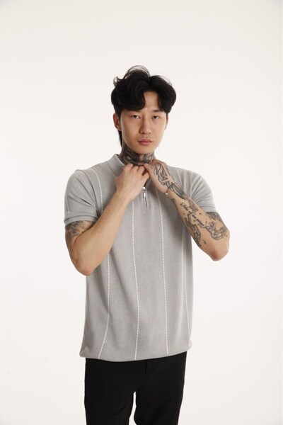 The Champ Clothing Ανδρικό - Γκρι λευκό ριγέ πλεκτό μπλουζάκι πόλο με λαιμόκοψη