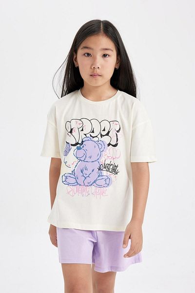 DeFacto Dívčí pyžamový set Crew Neck Potištěný Krátký rukáv Top Šortky C3375A824Sm