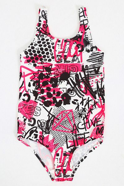 Papiş Girls' Swimsuit Pink Black Graffiti Pattern Printed Comfortable Quick Dry Swimsuit Sea Pool Beach Swimsuit