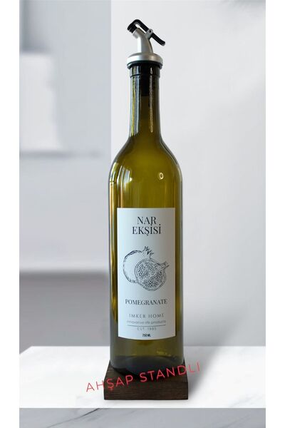 IMKER HOME Ahşap Stantlı Amber Cam Damlatmaz Başlık Nar Ekşisi Şişesi 750Ml Y...