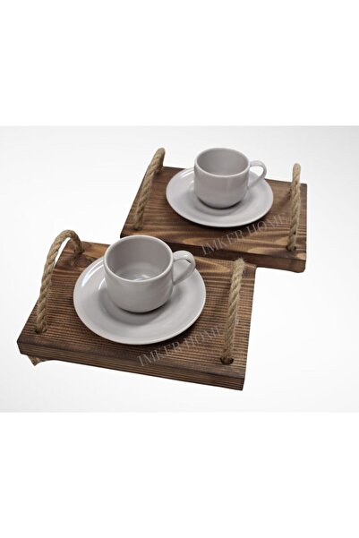 IMKER HOME 2'li Takım Masif Ahşap Dekoratif Halatlı Sunum Tepsisi Seti