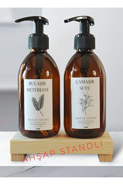 IMKER HOME Ahşap Stantlı Amber Cam Pompalı Bulaşık Deterjanı Çamaşır Suyu Şiş...