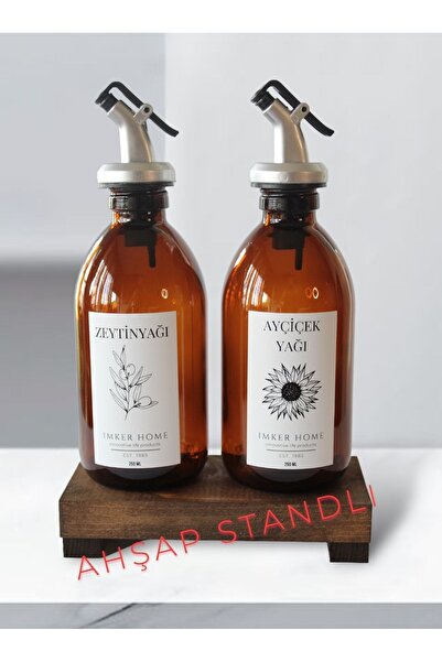 IMKER HOME Ceviz Ahşap Stantlı Amber Cam Damlatmaz Zeytinyağı Ayçiçek Yağı Şi...